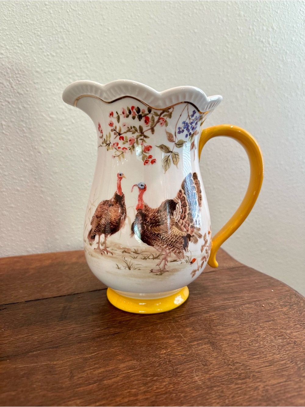 Fall Potter’s Studio White Pitcher with Yellow Handle and Turkey Motif